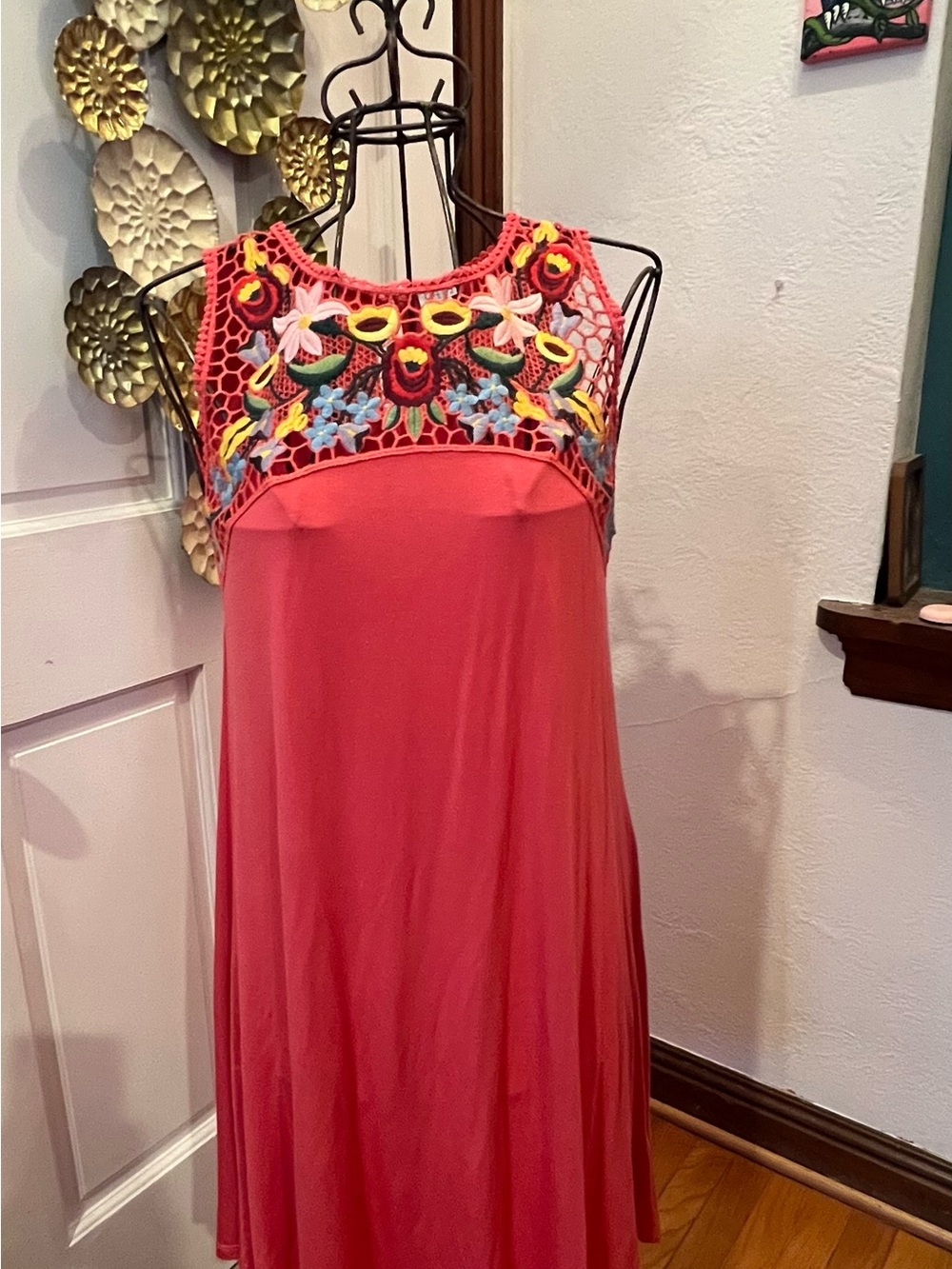 Spense Embroidered Pink Floral Yoke Sleeveless Dress
